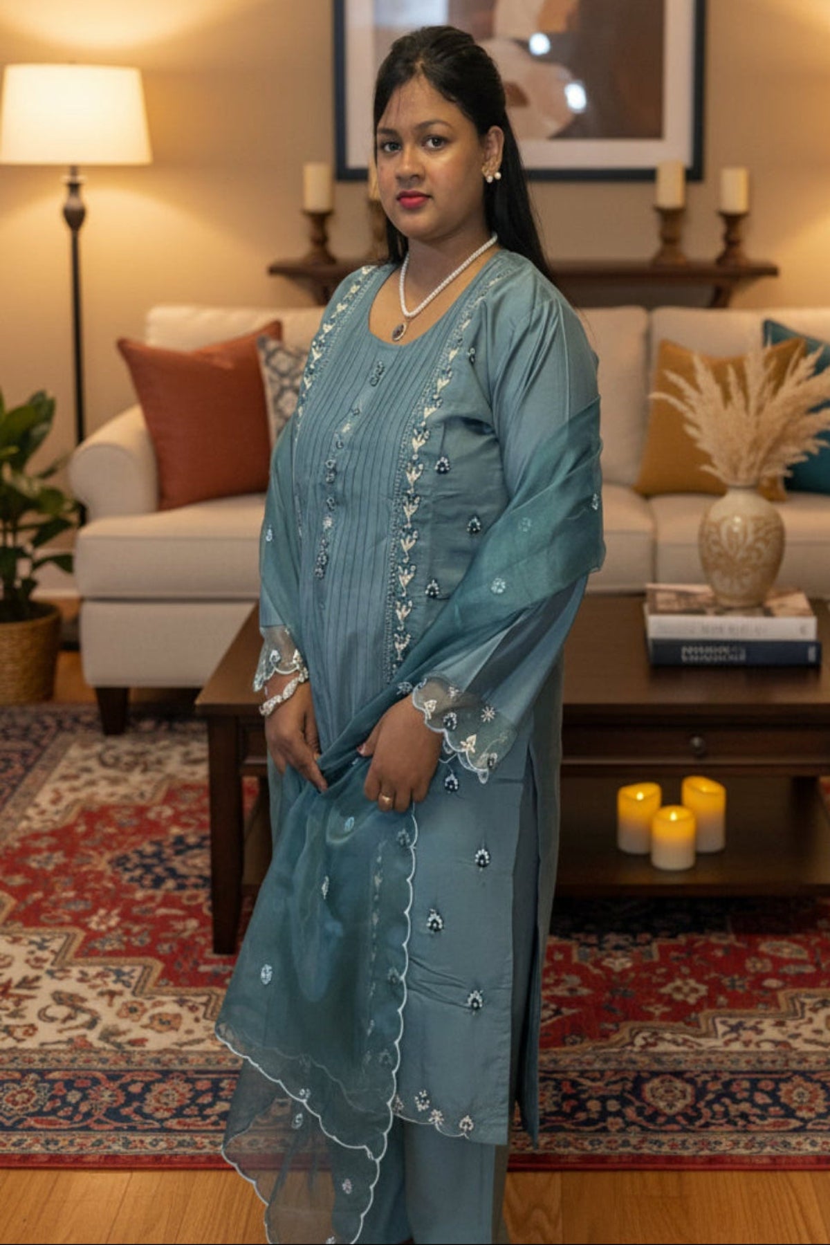 Teal green pintuck kurti with floral buttons & tread work