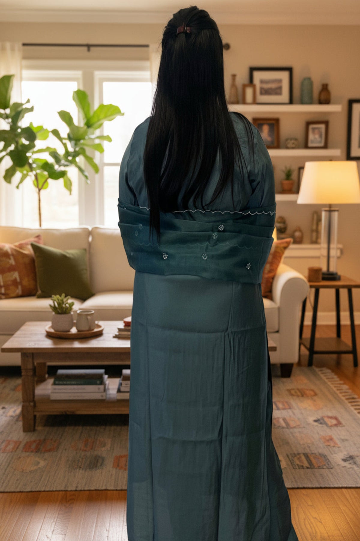 Teal green pintuck kurti with floral buttons & tread work