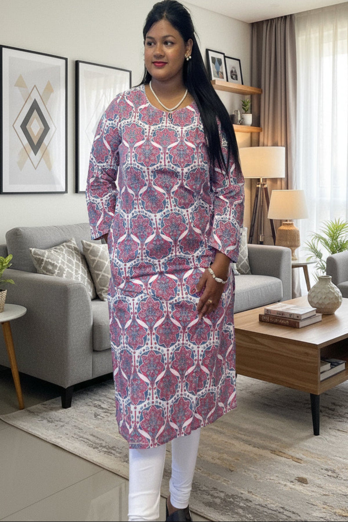 elegant off white floral printed kurti with pink & blue motifs