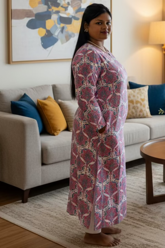 elegant off white floral printed kurti with pink & blue motifs