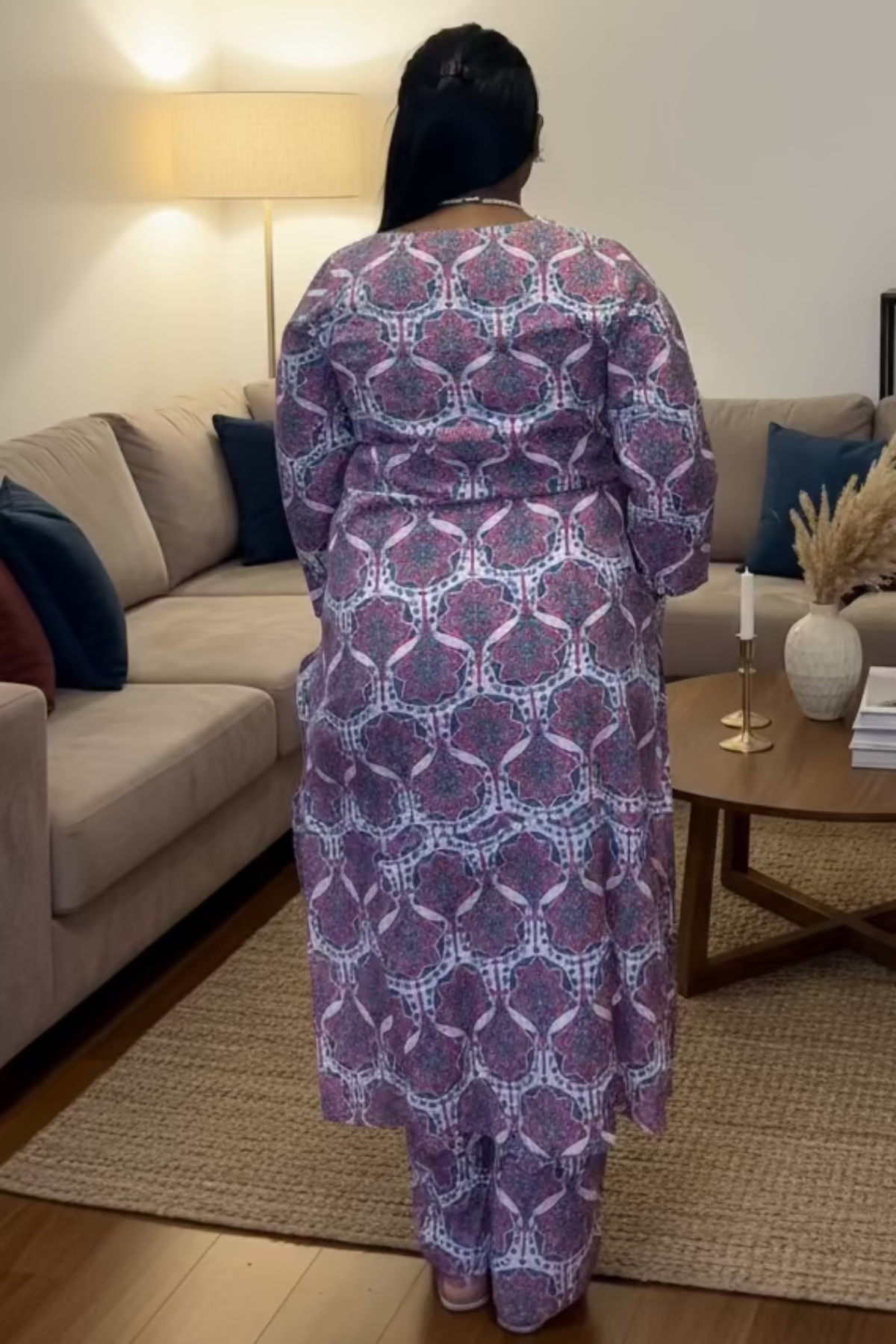 elegant off white floral printed kurti with pink & blue motifs