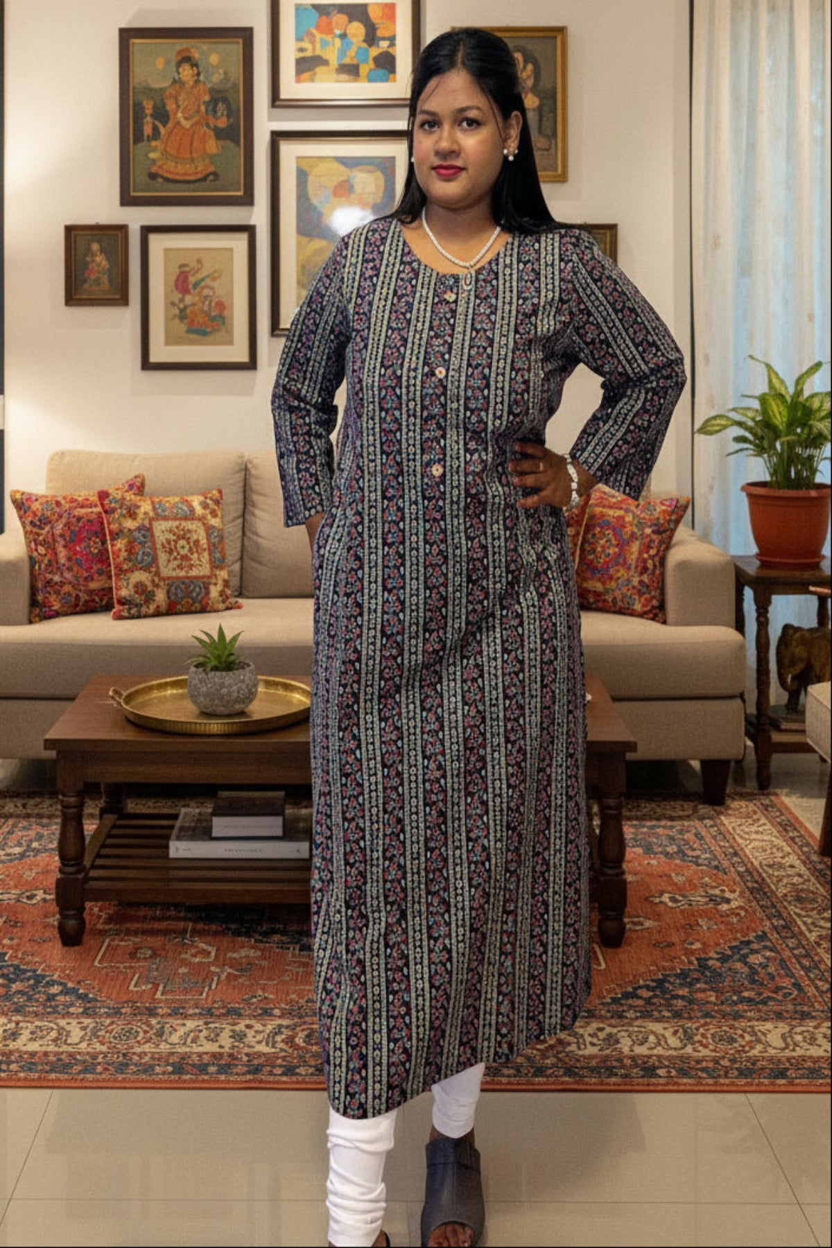 Elegant navy blue cotton  kurti with multicolor stripe floral pattern and pocket.