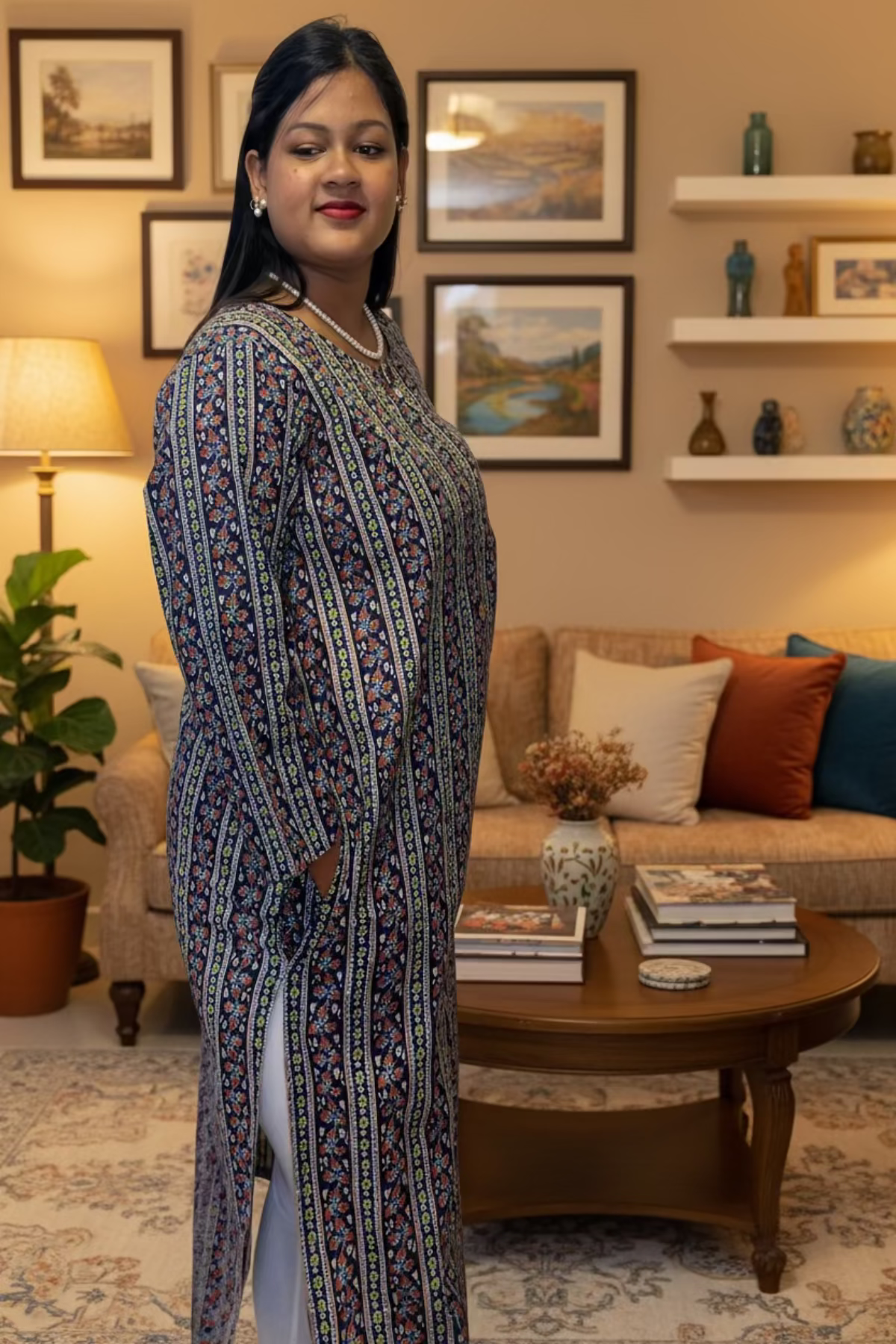 Elegant navy blue cotton  kurti with multicolor stripe floral pattern and pocket.