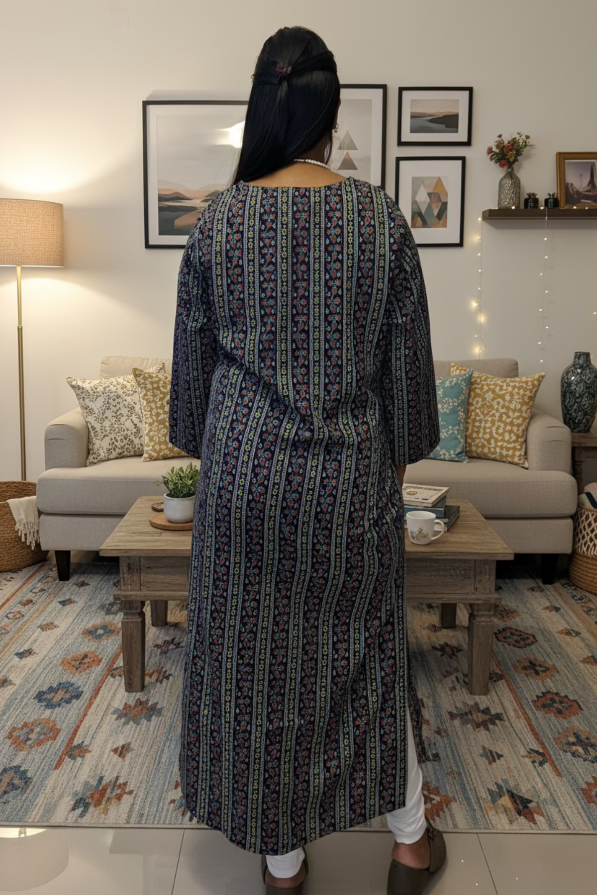 Elegant navy blue cotton  kurti with multicolor stripe floral pattern and pocket.