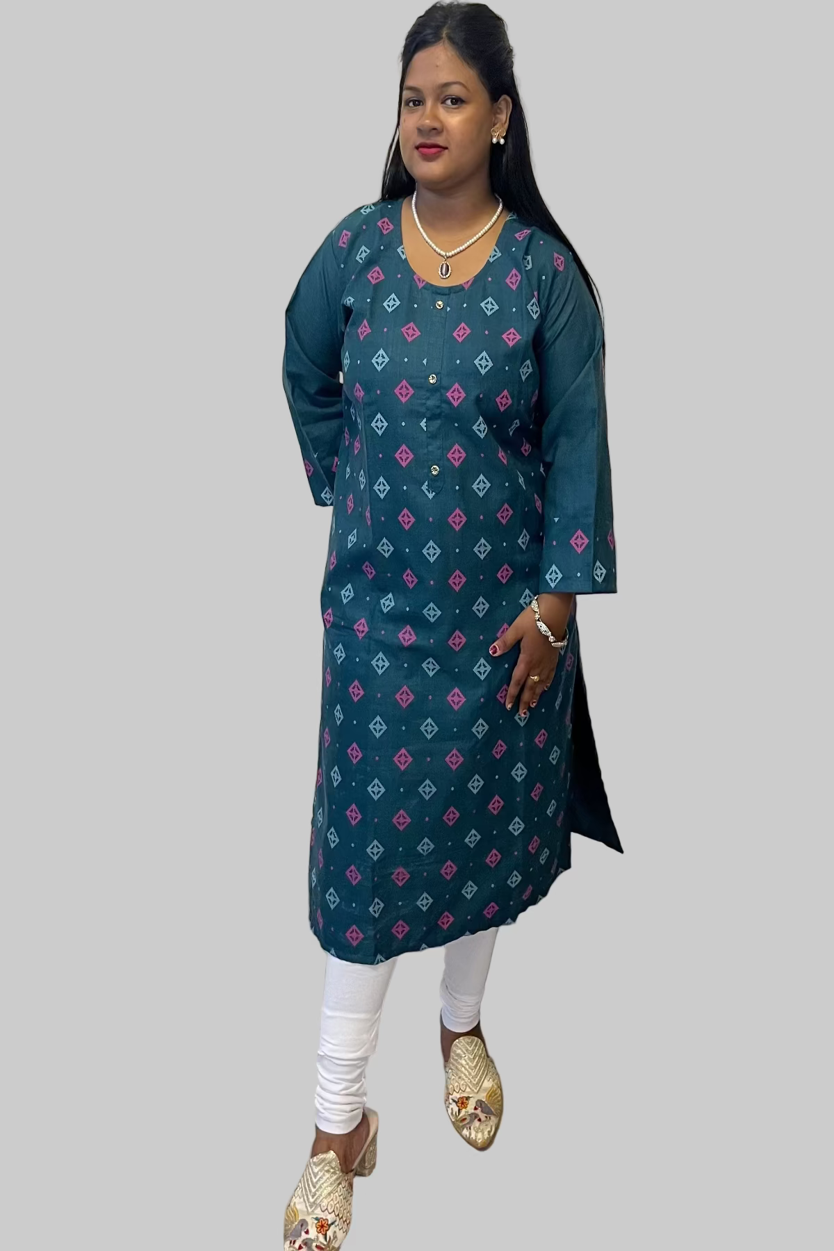 Bottle green printed cotton kurti with pink & white diamond motifs