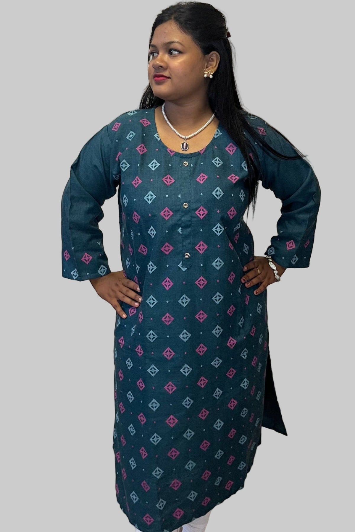 Bottle green printed cotton kurti with pink & white diamond motifs