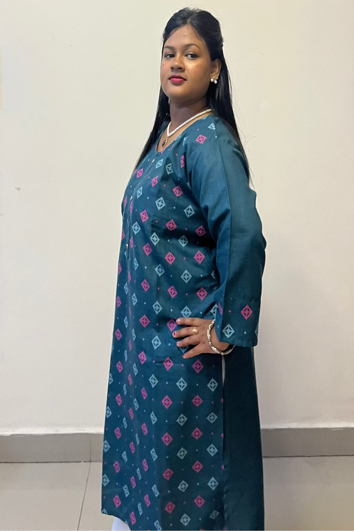 Bottle green printed cotton kurti with pink & white diamond motifs