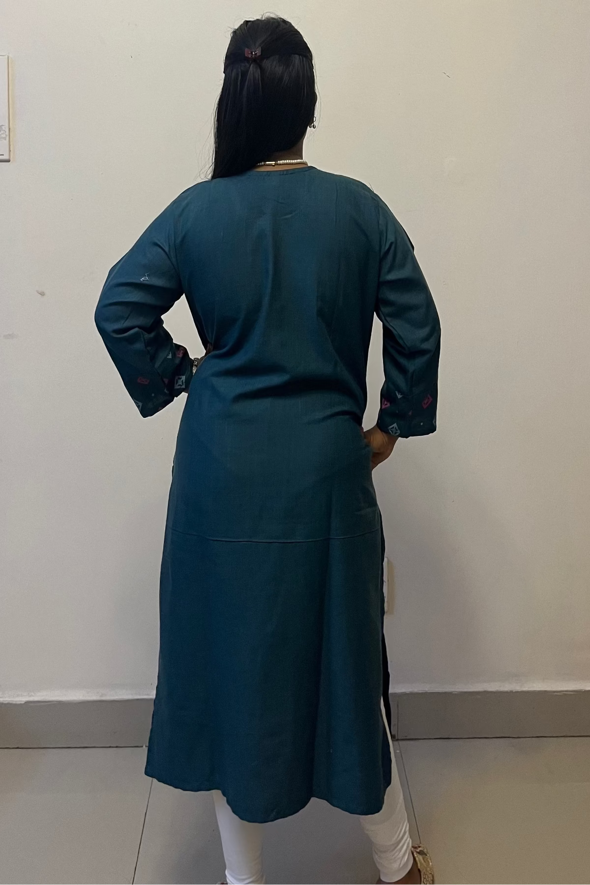 Bottle green printed cotton kurti with pink & white diamond motifs