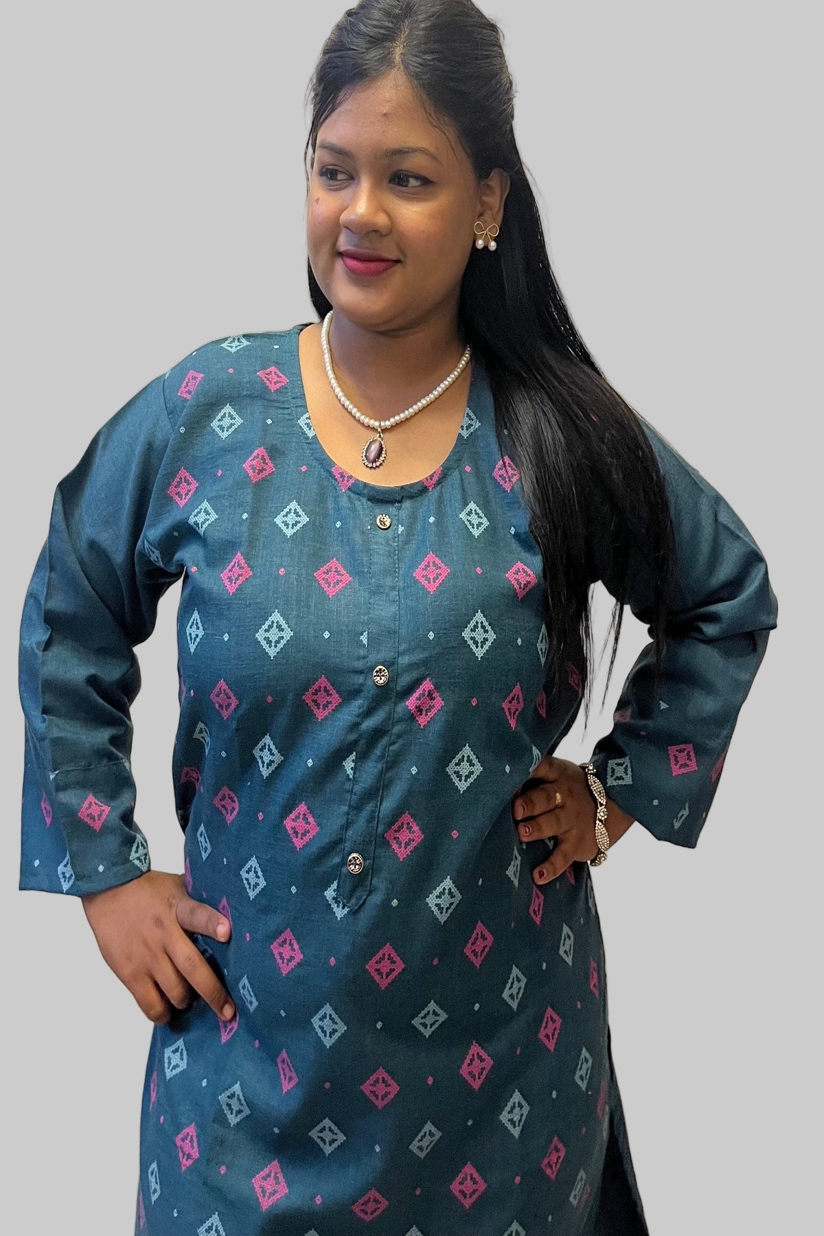 Bottle green printed cotton kurti with pink & white diamond motifs