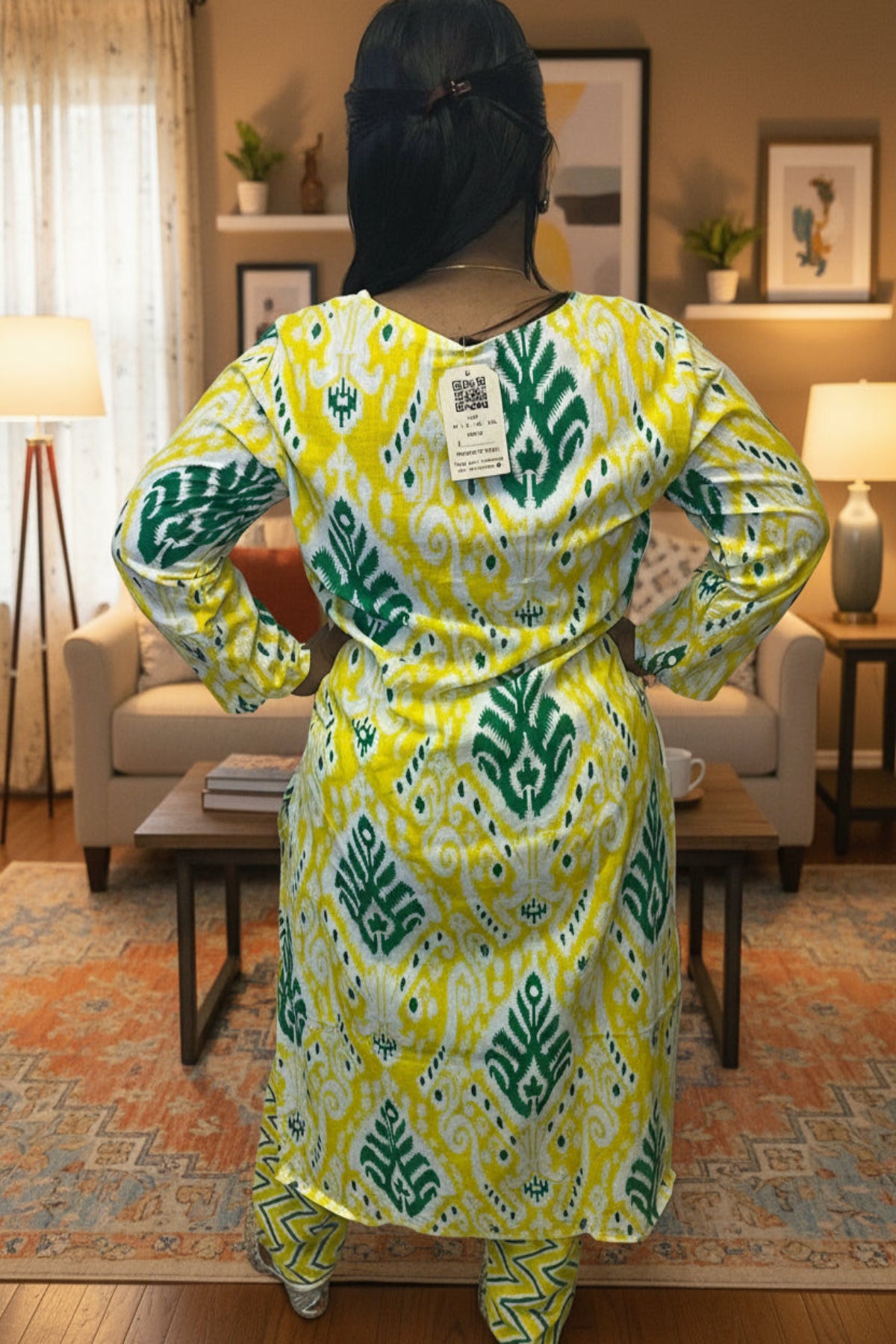 designer yellow  cotton kurti set with stylish mirror embellishments