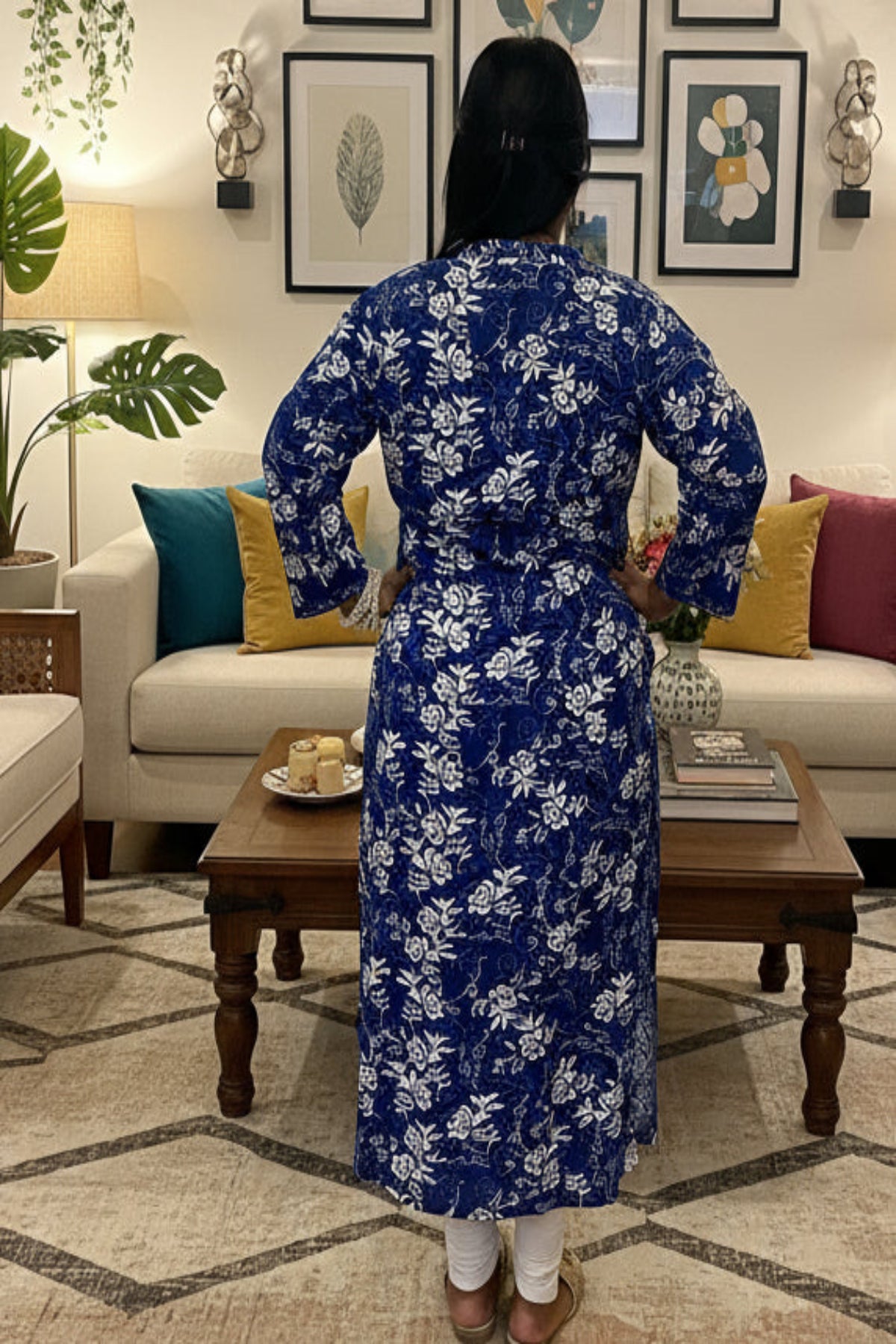 royal blue & flower print kurti with pocket