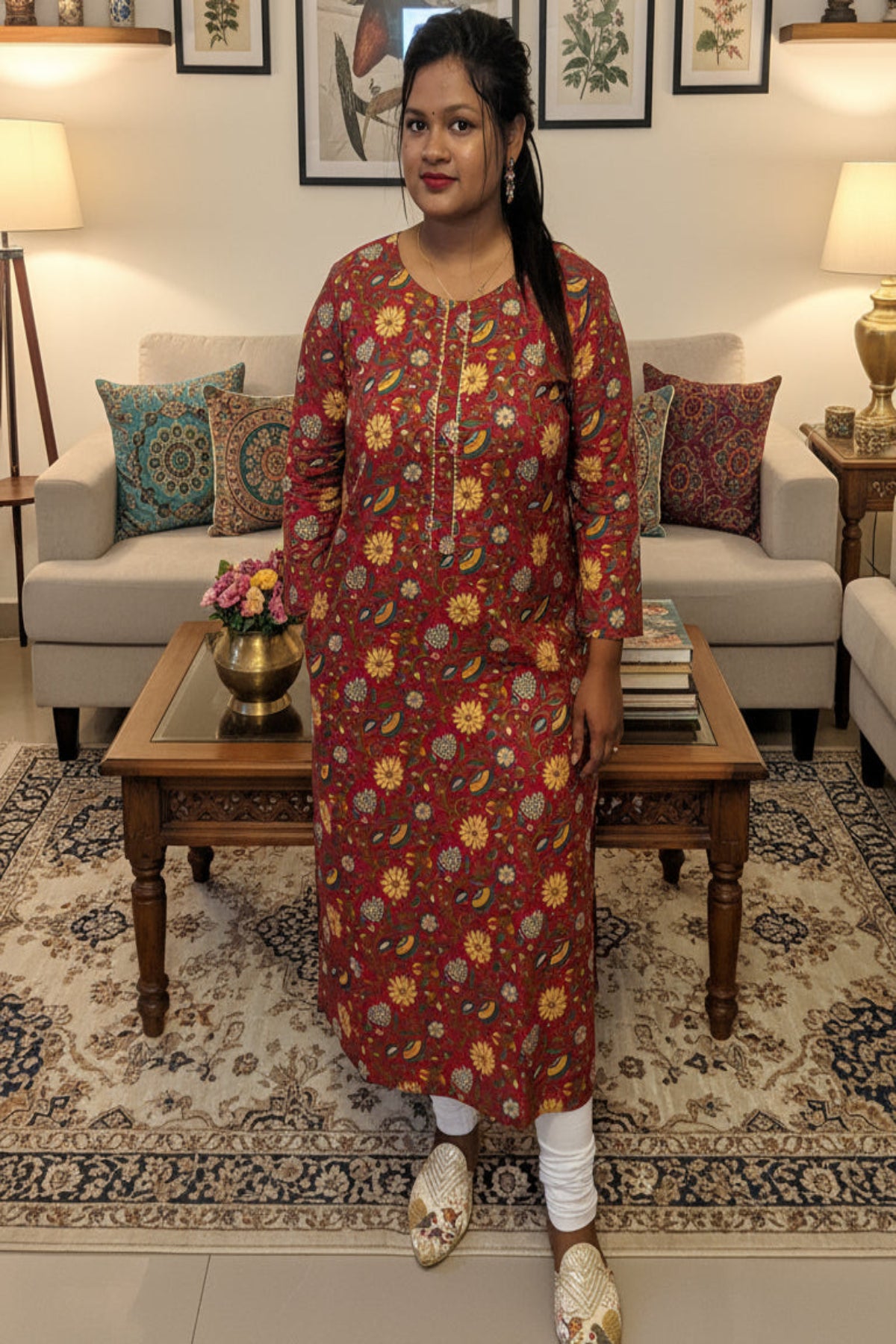 elegant maroon floral print kurti with golden detailing with pocket