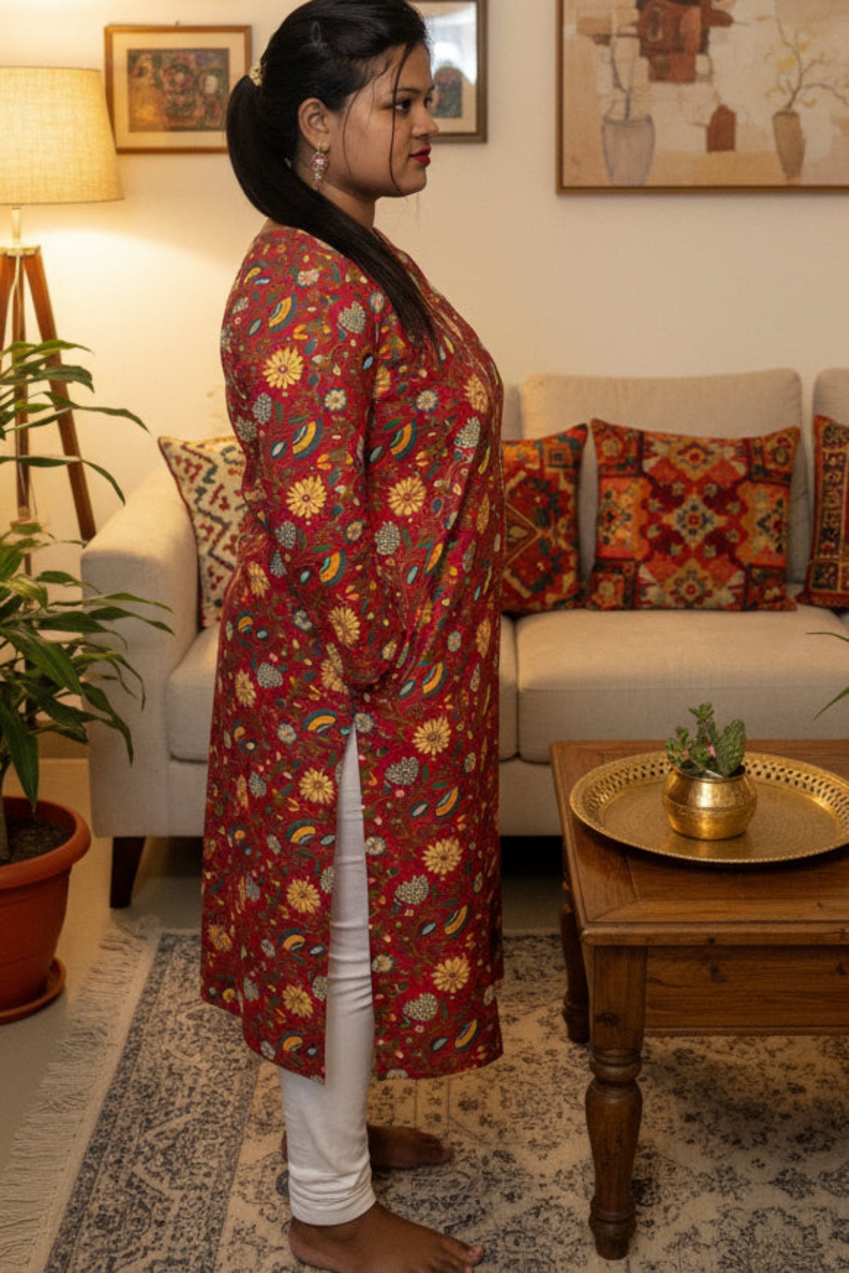 elegant maroon floral print kurti with golden detailing with pocket