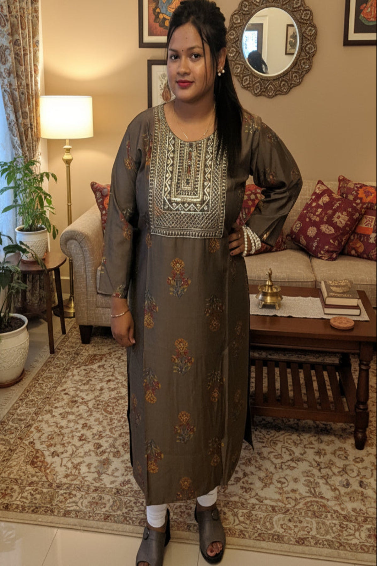 dark greenish-brown kurti with heavy golden sequin embroidery