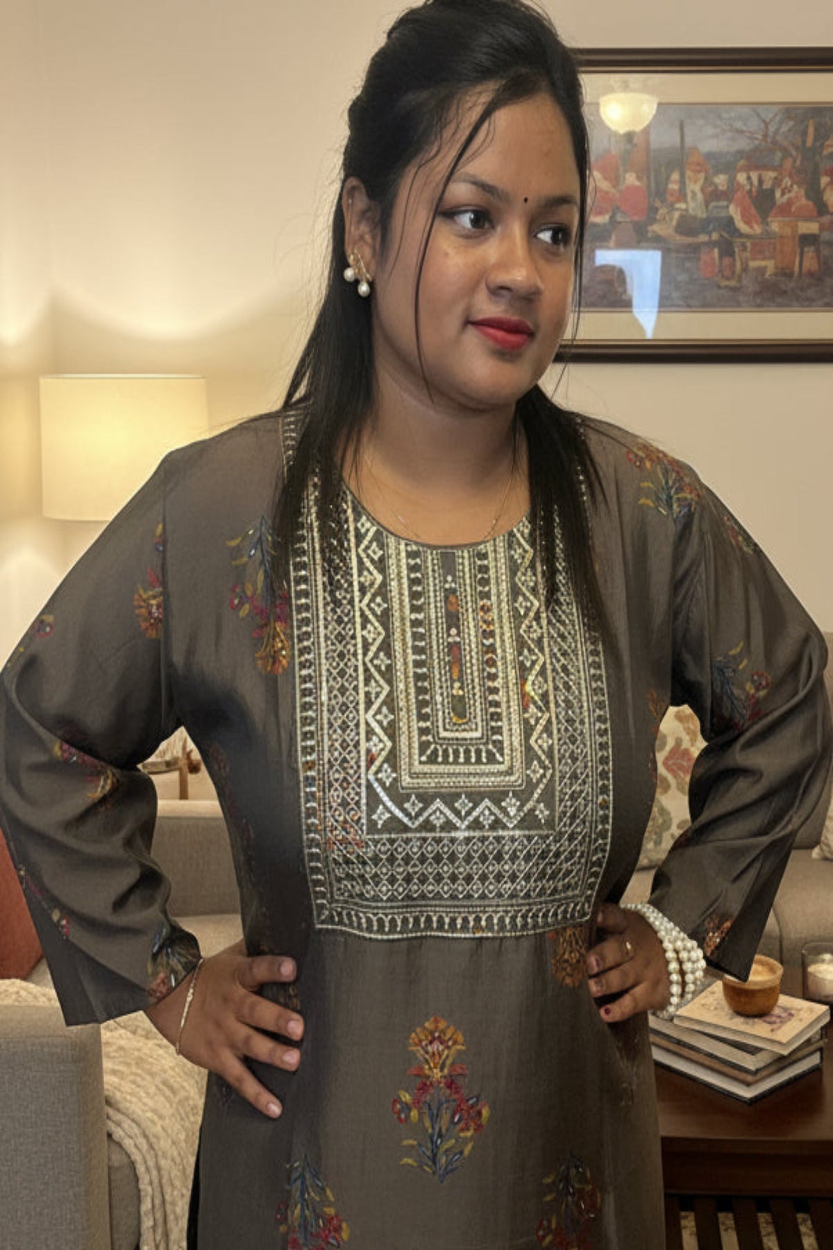 dark greenish-brown kurti with heavy golden sequin embroidery