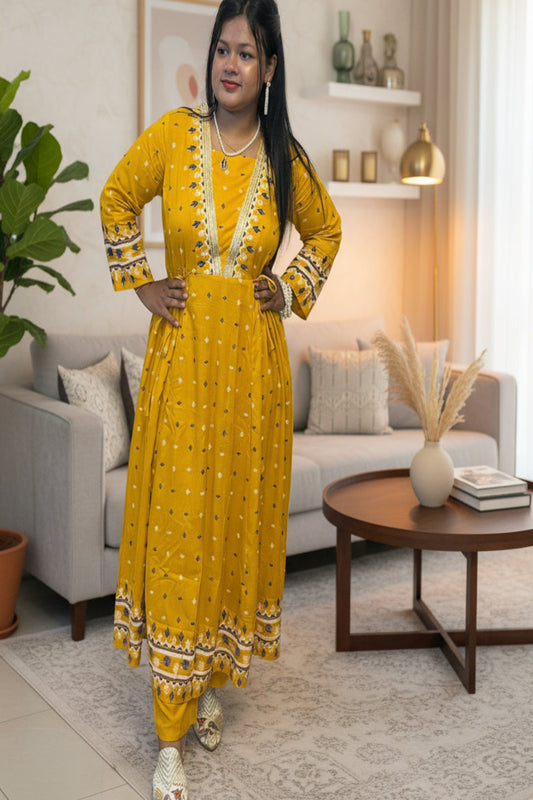 Rayon printed anarkali kurti pant set