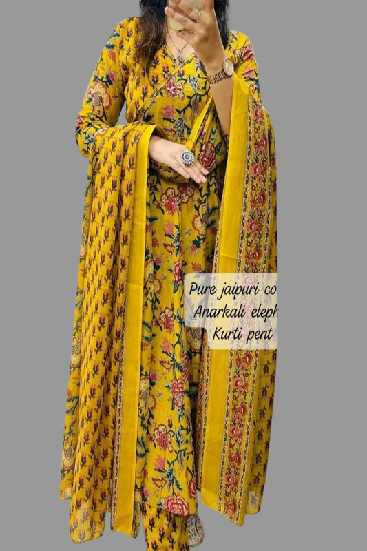mustard yellow floral printed angrakha kurti set
