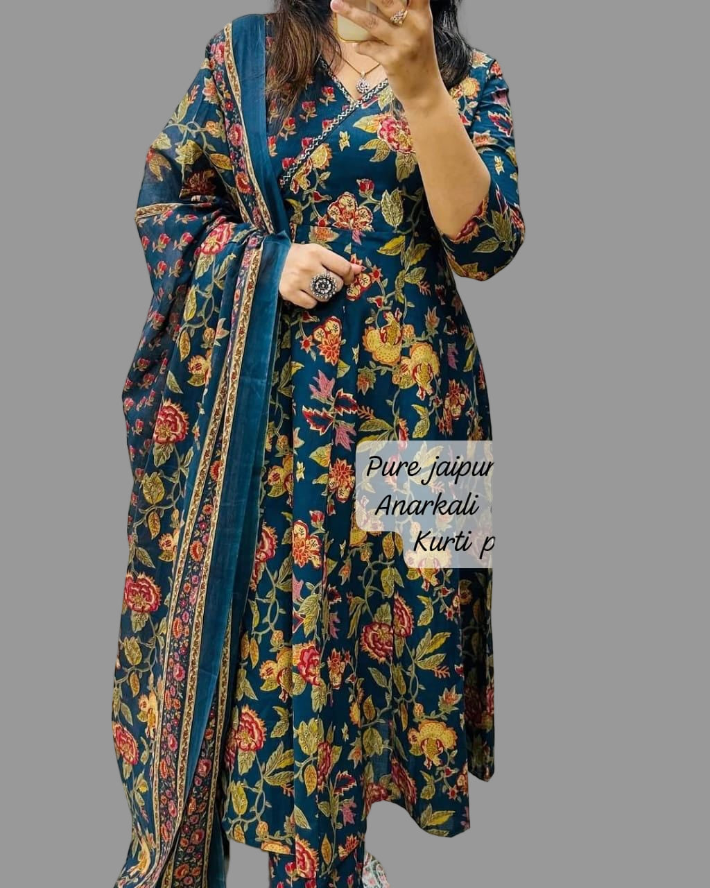 blue floral printed angrakha kurti set