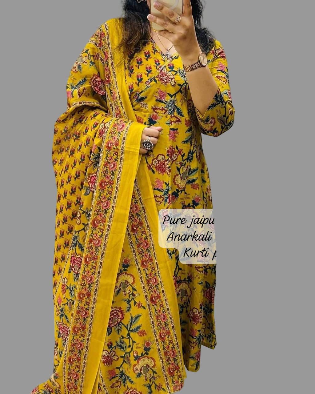 mustard yellow floral printed angrakha kurti set