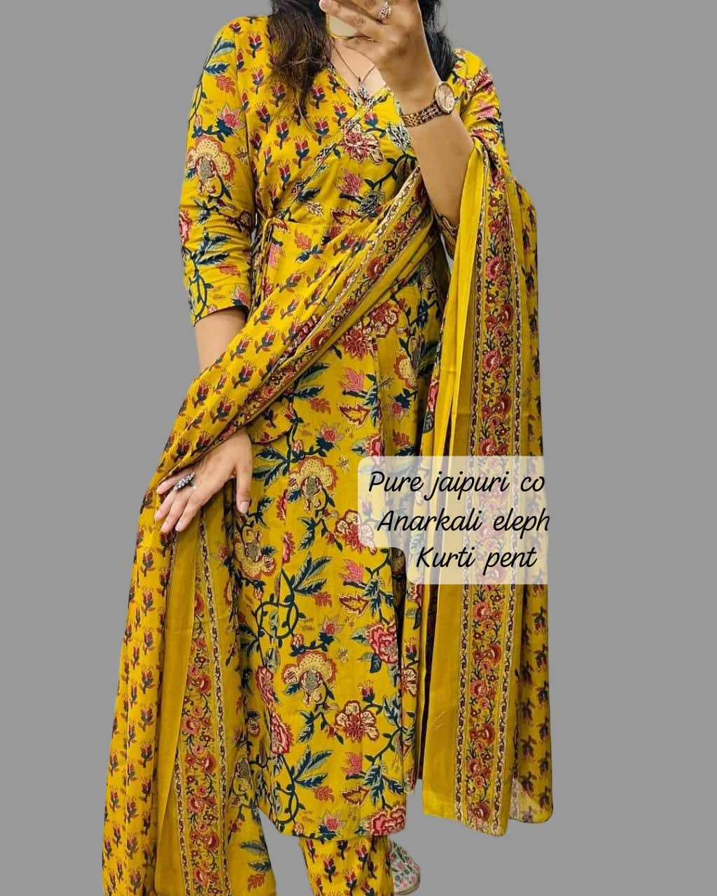 mustard yellow floral printed angrakha kurti set