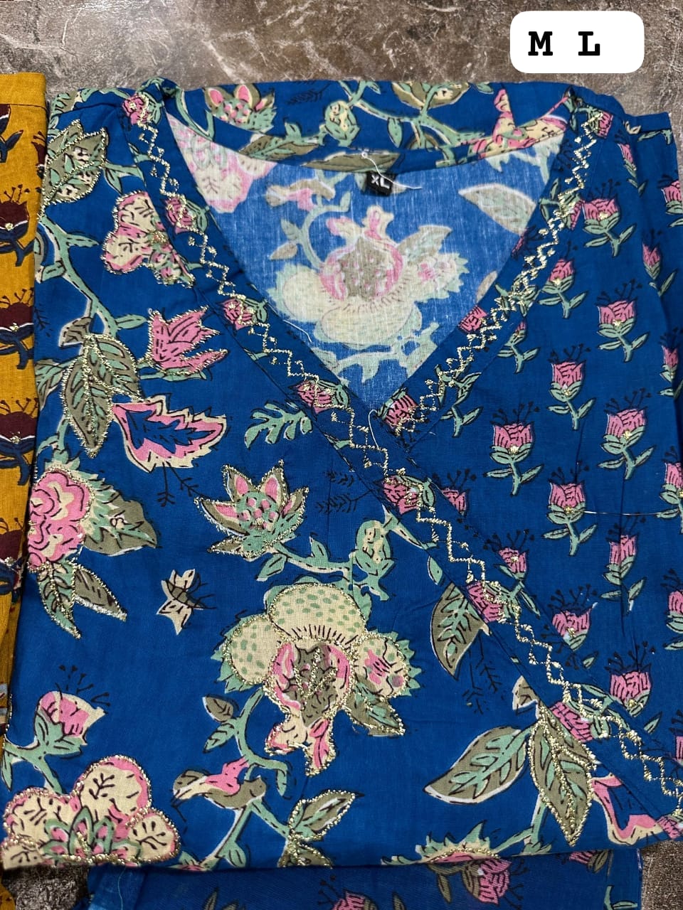 blue floral printed angrakha kurti set