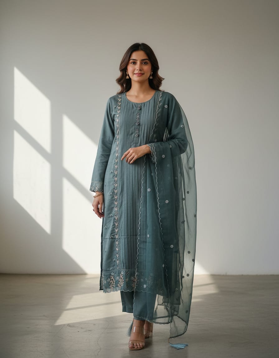 Teal green pintuck kurti with floral buttons & tread work